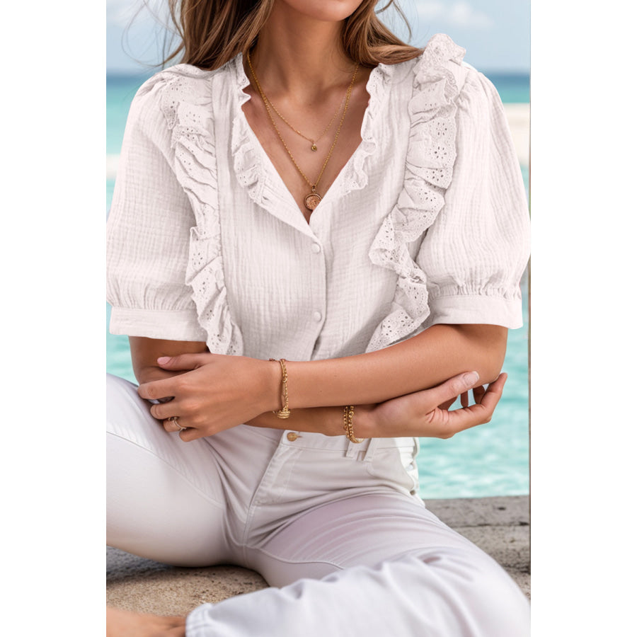Ruffled Button Up Half Sleeve Blouse Apparel and Accessories
