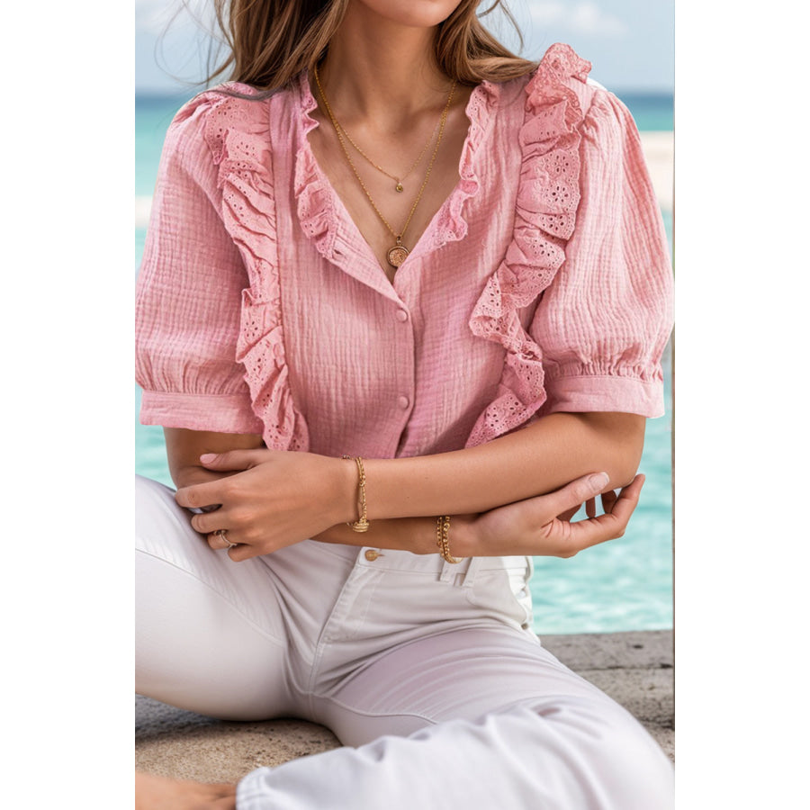 Ruffled Button Up Half Sleeve Blouse Dusty Pink / S Apparel and Accessories