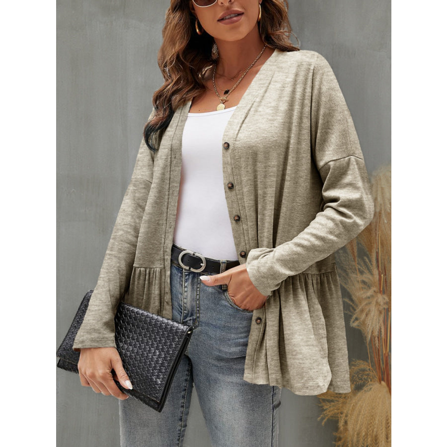 Ruffled Button Up Long Sleeve Cardigan Apparel and Accessories