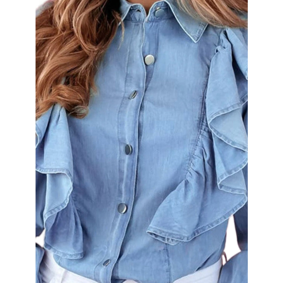 Ruffled Button Up Long Sleeve Denim Top Apparel and Accessories