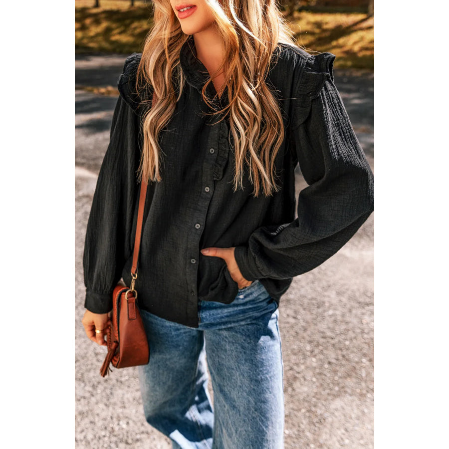 Ruffled Button Up Long Sleeve Shirt Apparel and Accessories