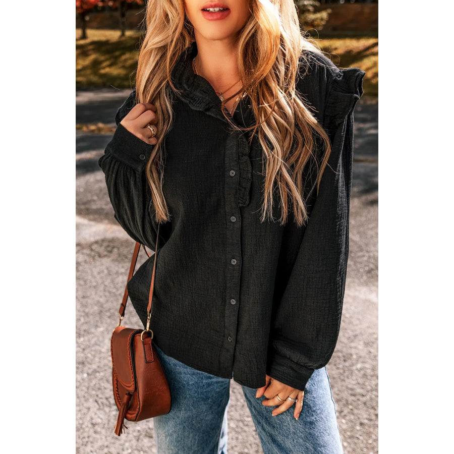 Ruffled Button Up Long Sleeve Shirt Black / S Apparel and Accessories