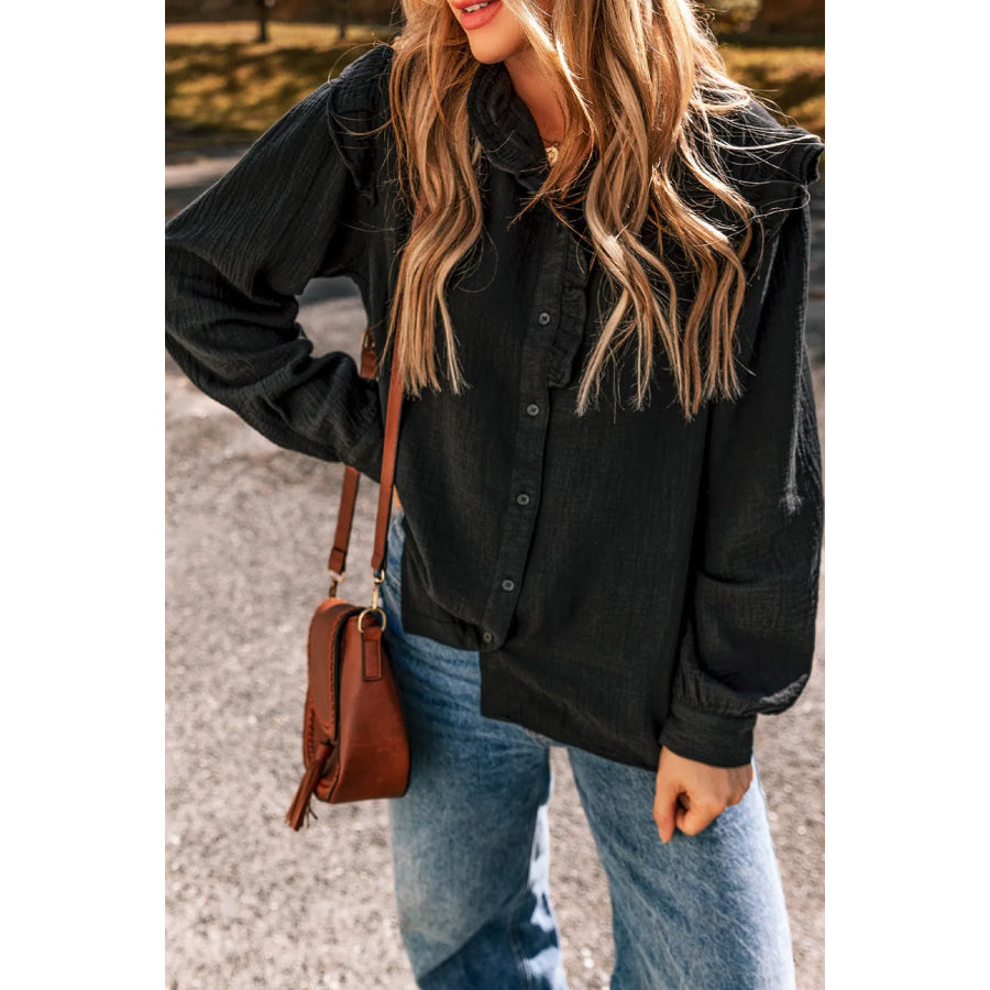 Ruffled Button Up Long Sleeve Shirt Apparel and Accessories