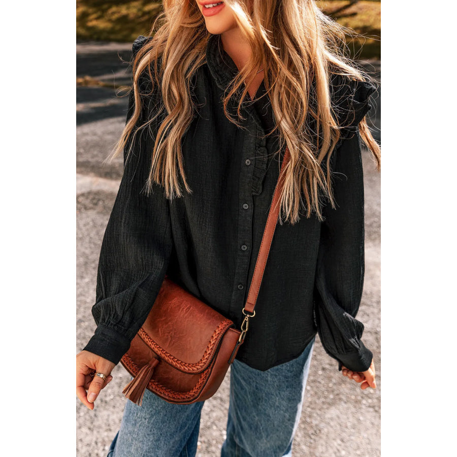 Ruffled Button Up Long Sleeve Shirt Black / S Apparel and Accessories