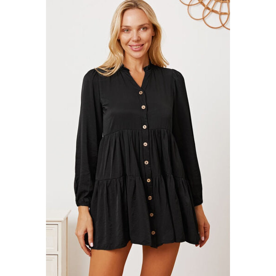 Ruffled Button Up Long Sleeve Tiered Shirt Black / XS Apparel and Accessories