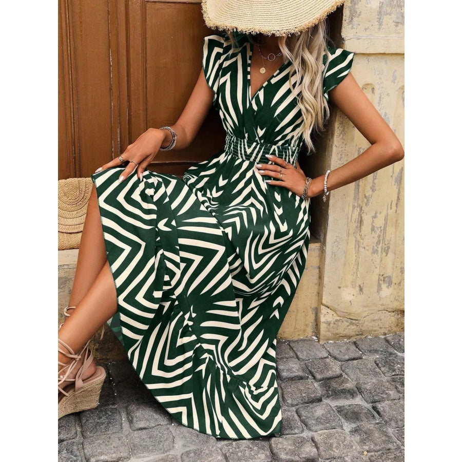 Ruffled Cap Sleeve Midi Dress Dark Green / S Apparel and Accessories