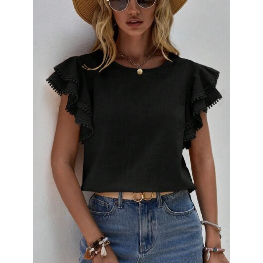 Ruffled Cap Sleeve Round Neck Blouse Apparel and Accessories