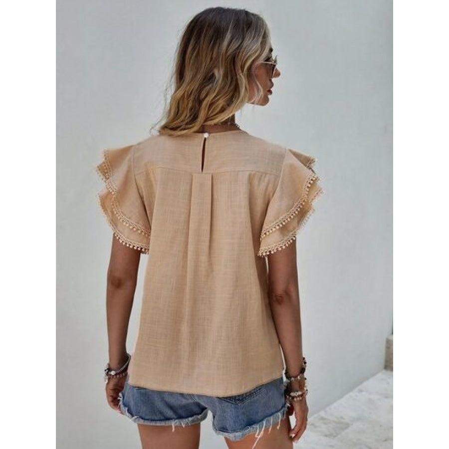 Ruffled Cap Sleeve Round Neck Blouse Apparel and Accessories