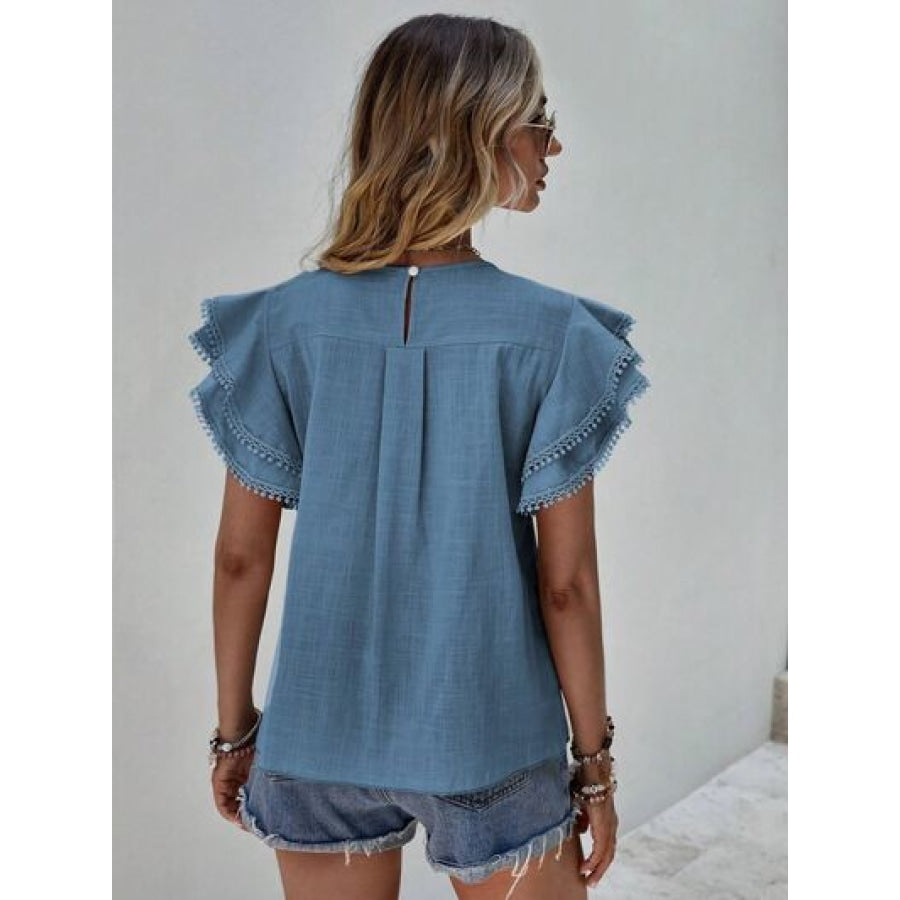 Ruffled Cap Sleeve Round Neck Blouse Apparel and Accessories