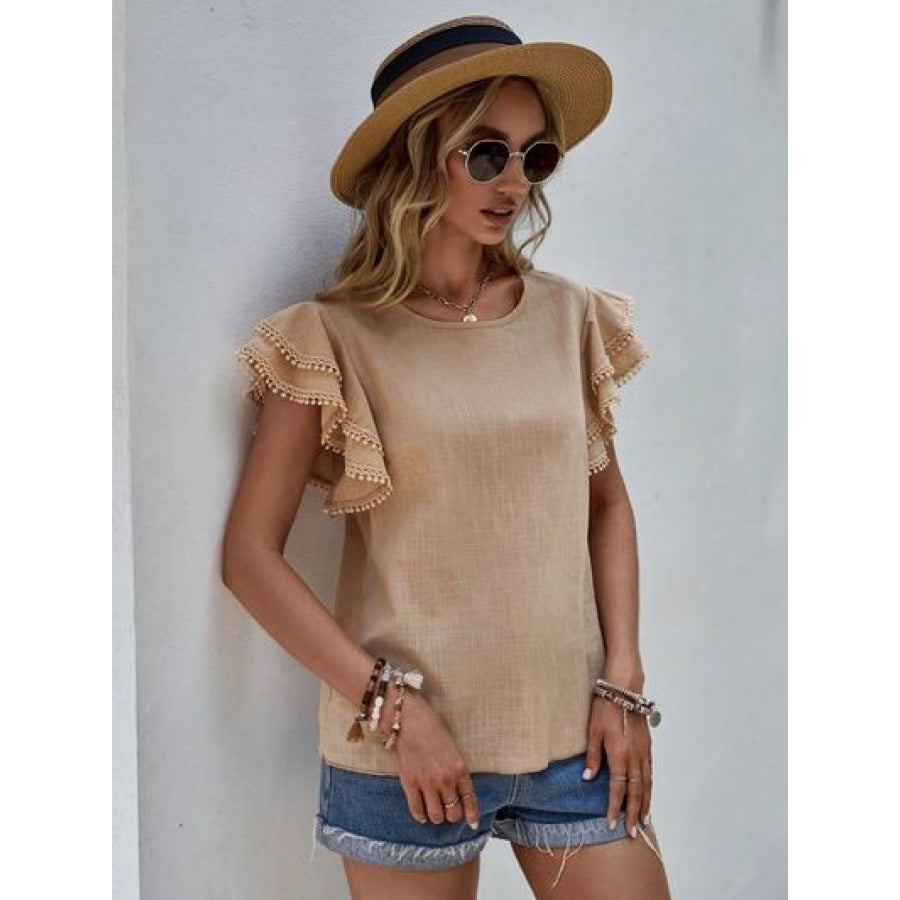 Ruffled Cap Sleeve Round Neck Blouse Apparel and Accessories