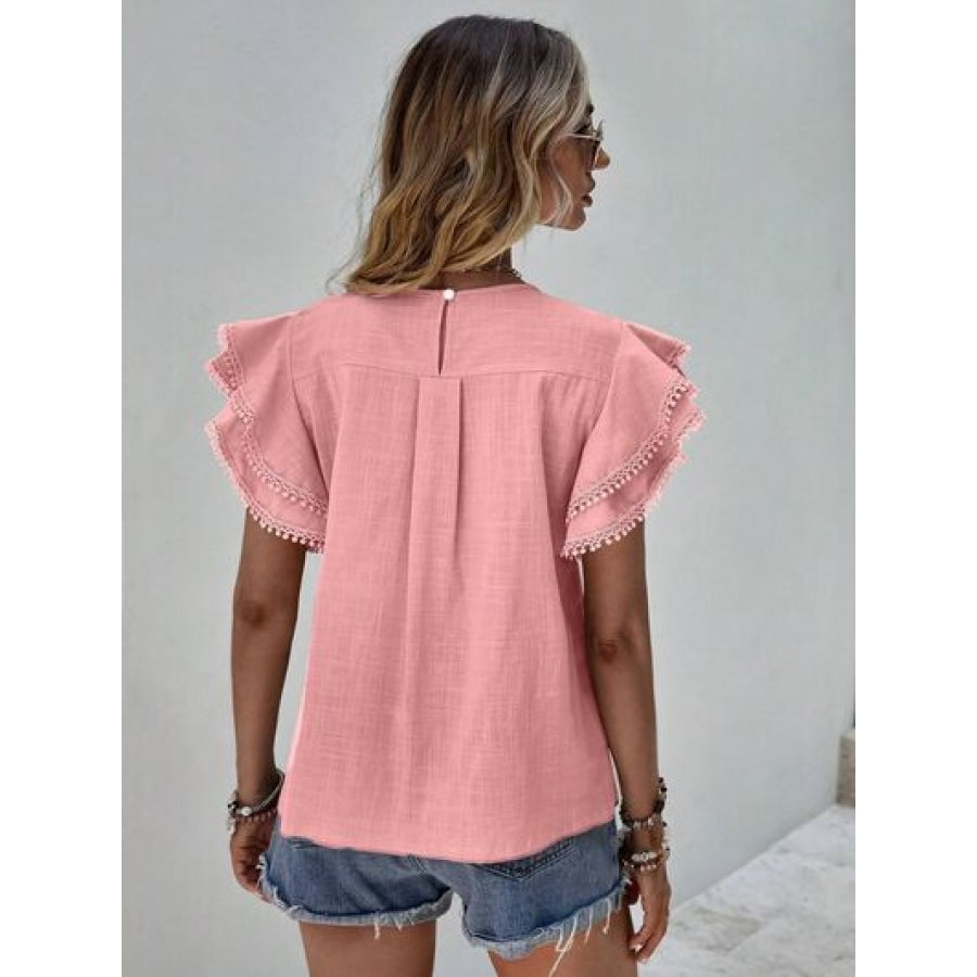 Ruffled Cap Sleeve Round Neck Blouse Apparel and Accessories