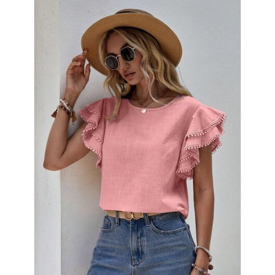 Ruffled Cap Sleeve Round Neck Blouse Apparel and Accessories