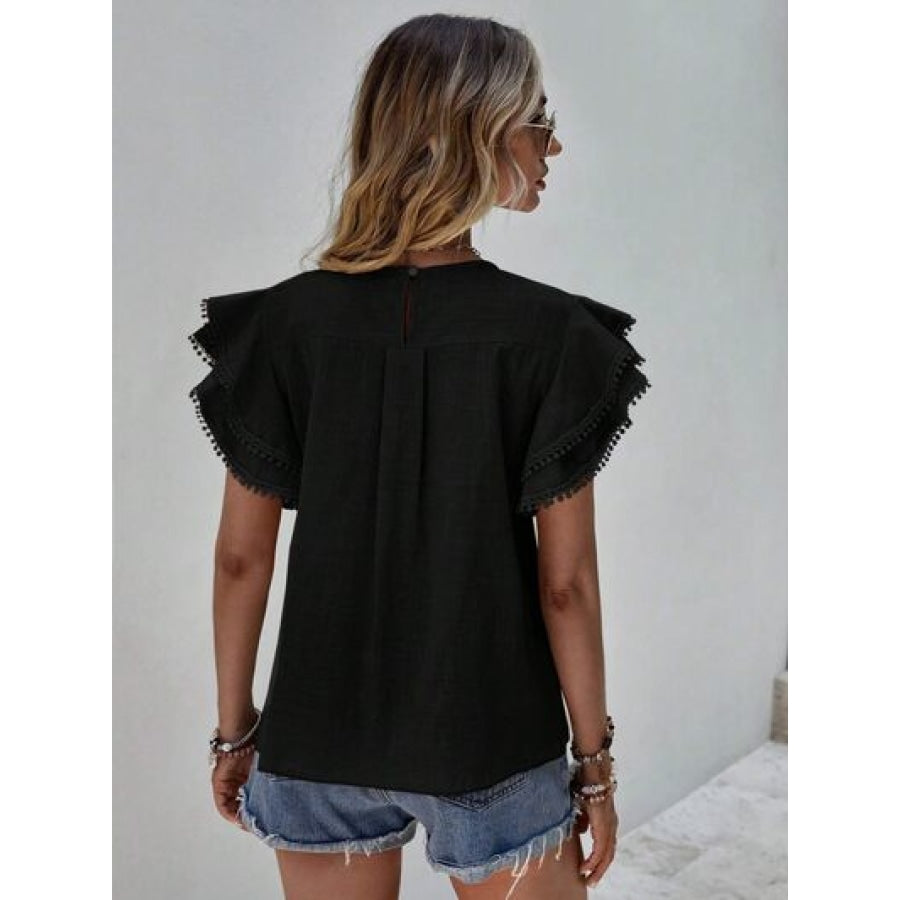 Ruffled Cap Sleeve Round Neck Blouse Apparel and Accessories