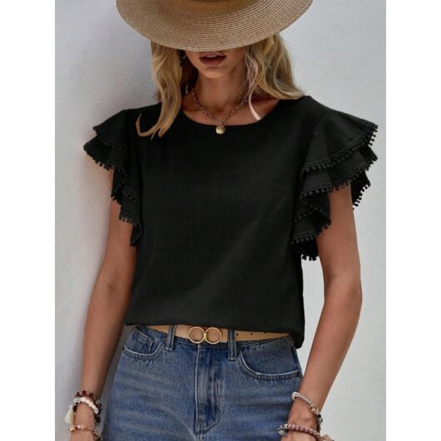 Ruffled Cap Sleeve Round Neck Blouse Black / S Apparel and Accessories