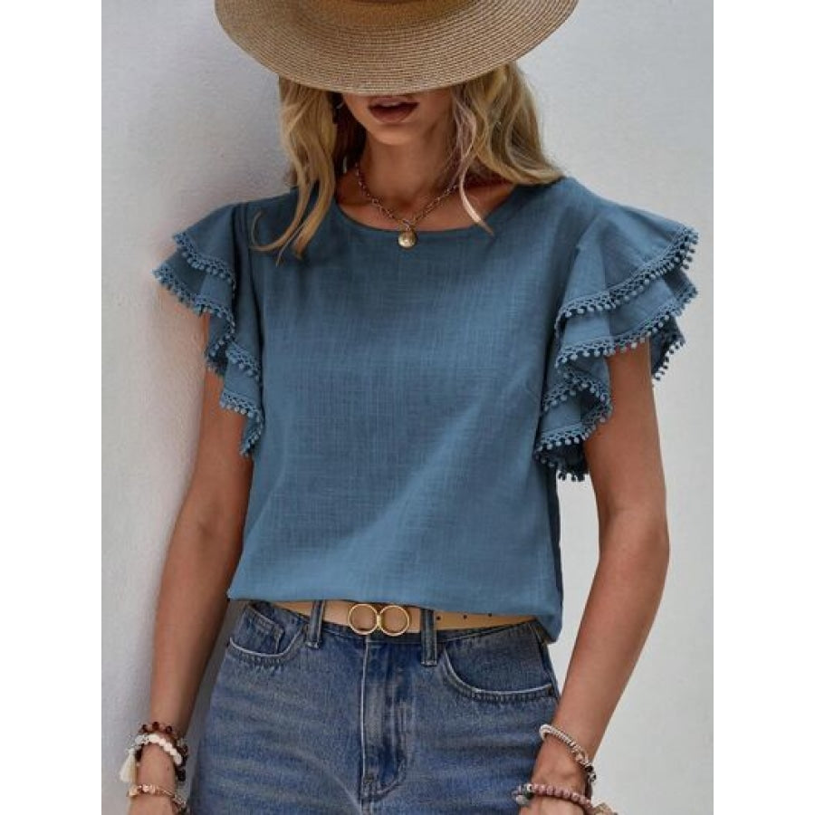 Ruffled Cap Sleeve Round Neck Blouse Dusty Blue / S Apparel and Accessories