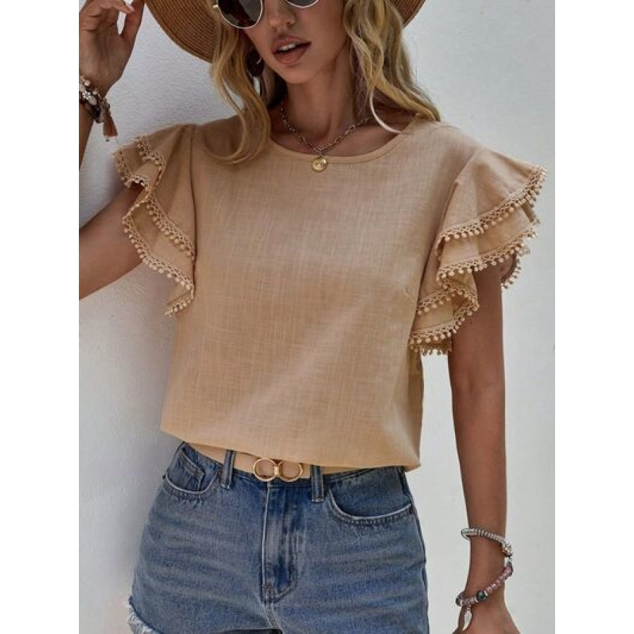 Ruffled Cap Sleeve Round Neck Blouse Khaki / S Apparel and Accessories