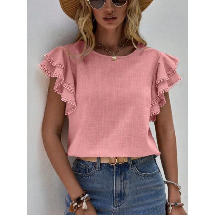 Ruffled Cap Sleeve Round Neck Blouse Light Mauve / S Apparel and Accessories