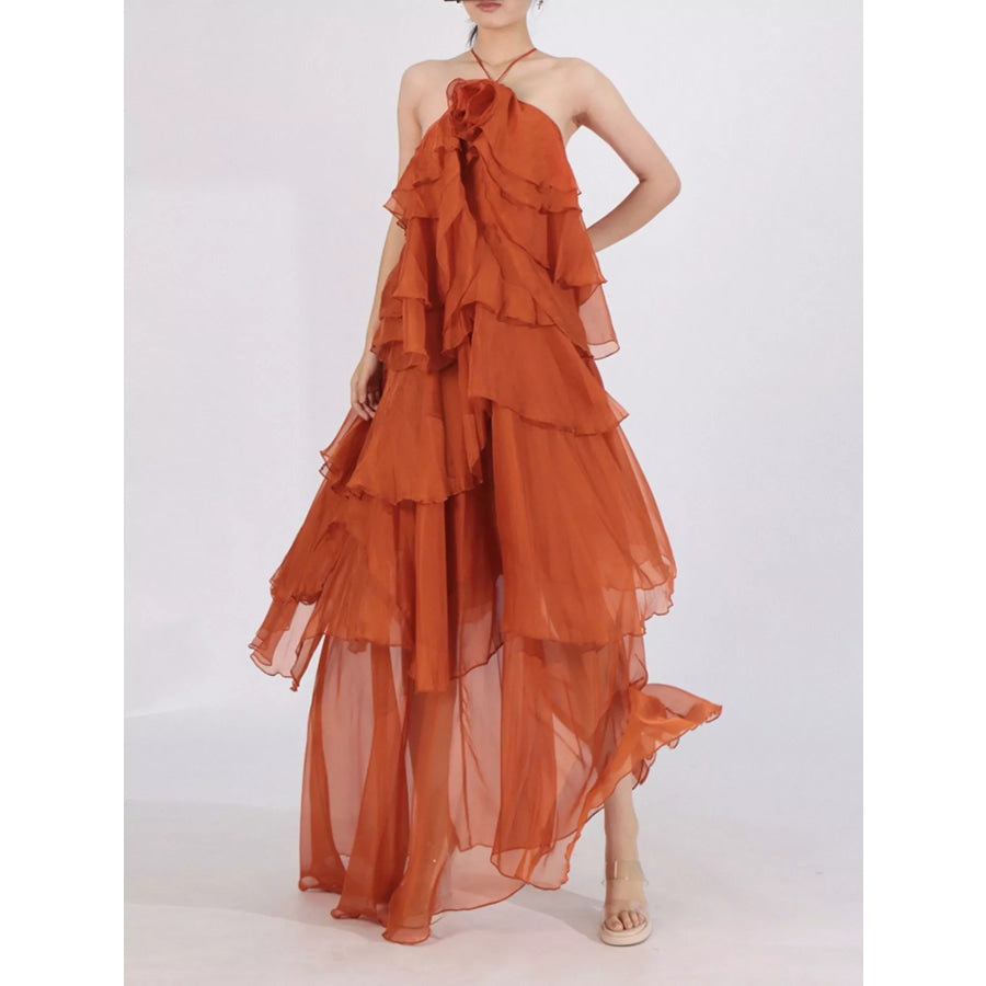 Ruffled Chiffon Halter Neck Maxi Dress Apparel and Accessories