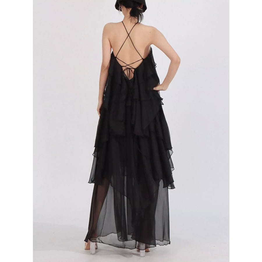 Ruffled Chiffon Halter Neck Maxi Dress Apparel and Accessories