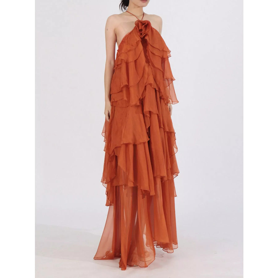Ruffled Chiffon Halter Neck Maxi Dress Apparel and Accessories
