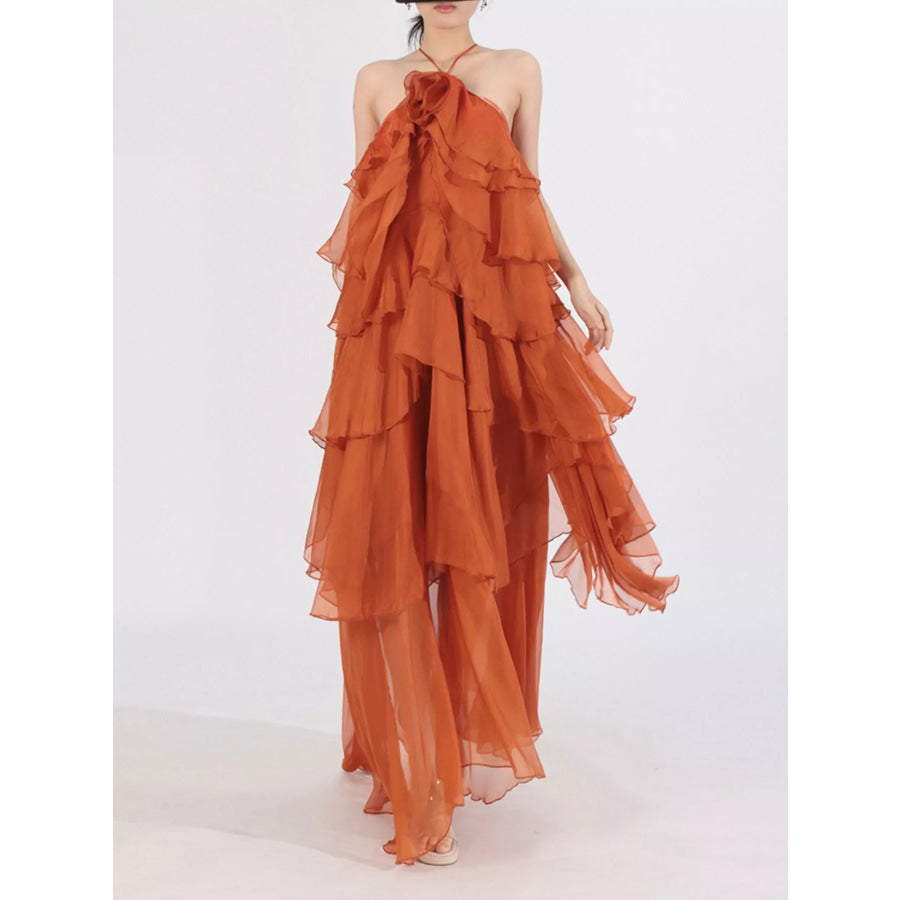 Ruffled Chiffon Halter Neck Maxi Dress Apparel and Accessories