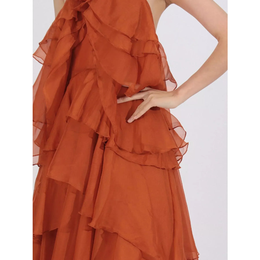 Ruffled Chiffon Halter Neck Maxi Dress Apparel and Accessories