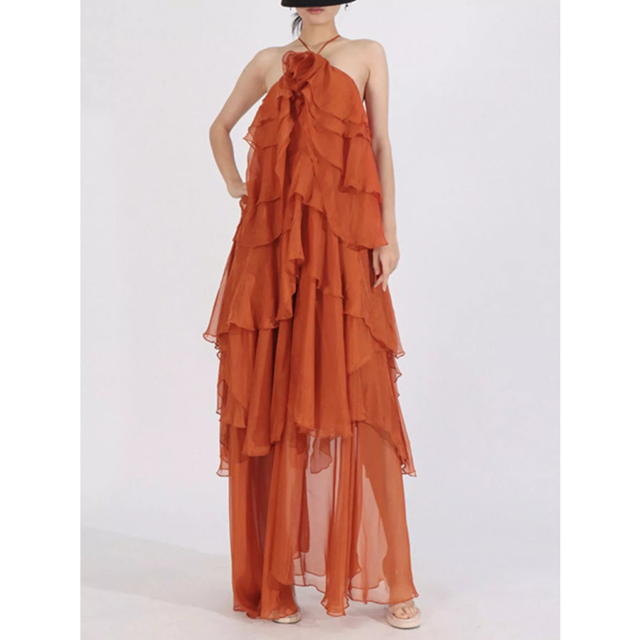 Ruffled Chiffon Halter Neck Maxi Dress Apparel and Accessories