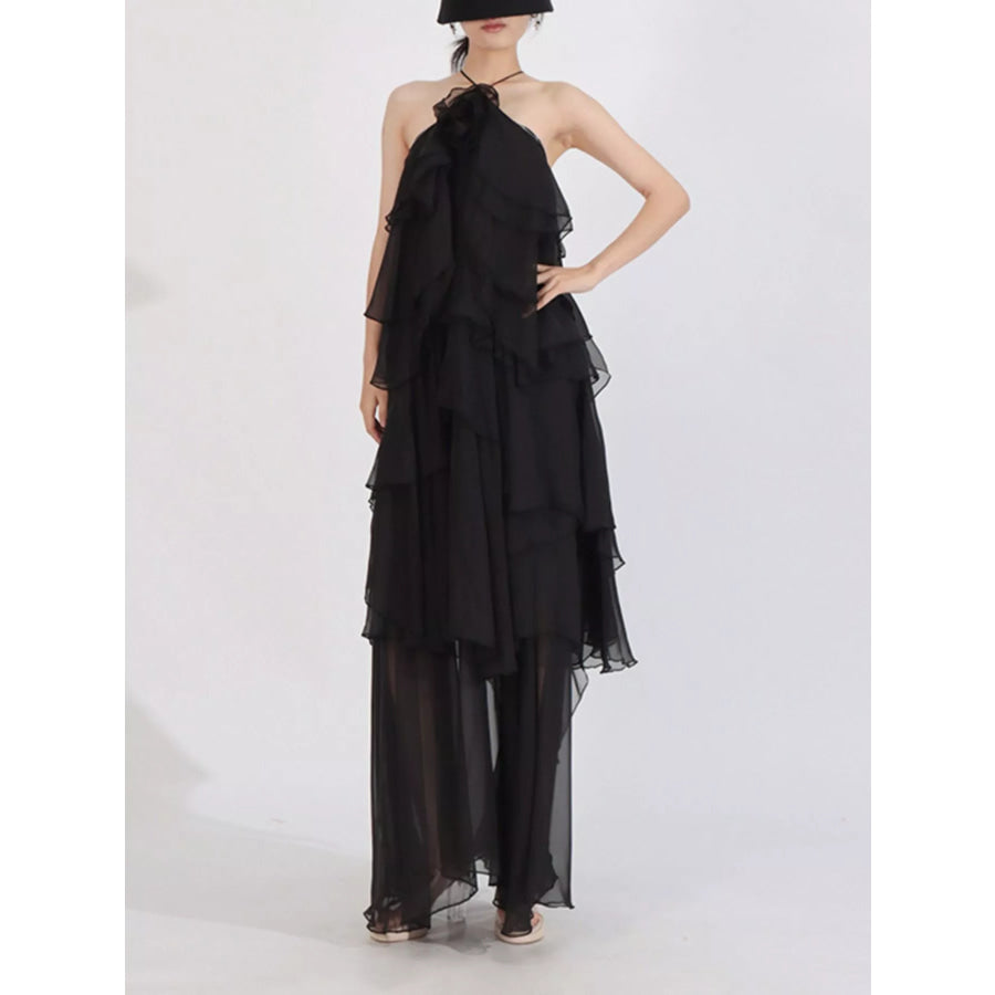 Ruffled Chiffon Halter Neck Maxi Dress Apparel and Accessories