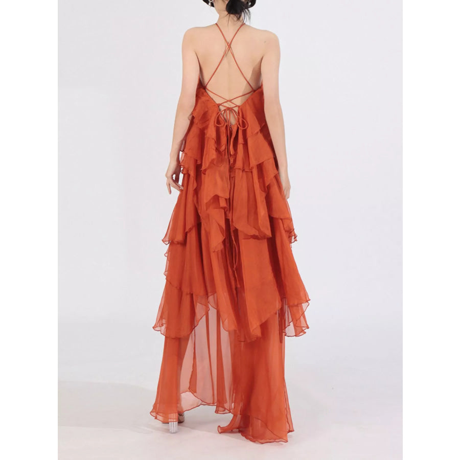 Ruffled Chiffon Halter Neck Maxi Dress Apparel and Accessories