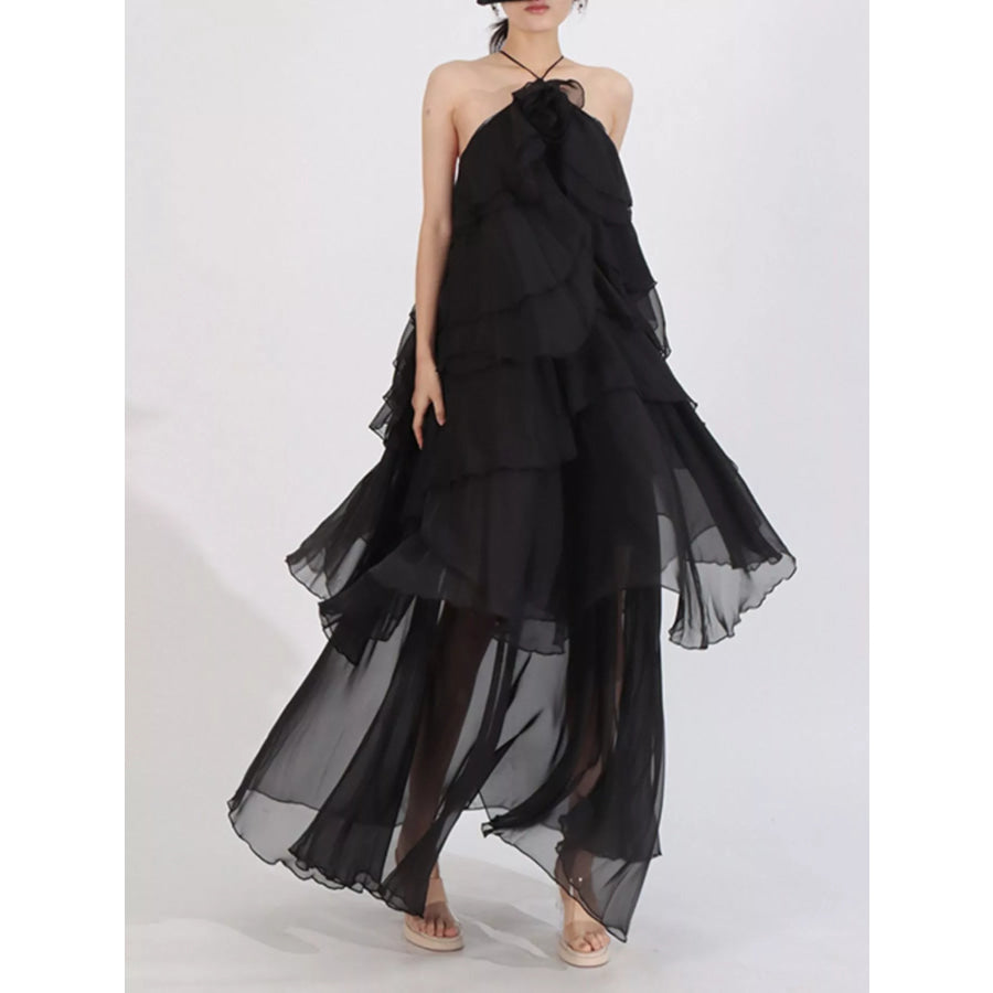 Ruffled Chiffon Halter Neck Maxi Dress Black / S Apparel and Accessories