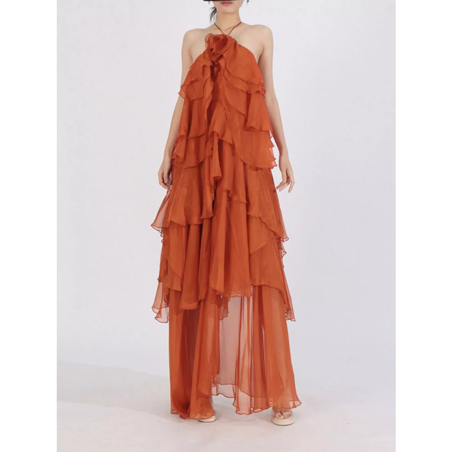 Ruffled Chiffon Halter Neck Maxi Dress Orange / S Apparel and Accessories