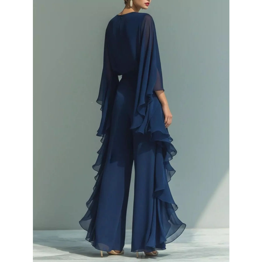 Ruffled Chiffon Long Sleeve Top and Pants Set Apparel and Accessories
