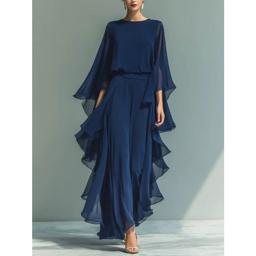 Ruffled Chiffon Long Sleeve Top and Pants Set Blue / S Apparel and Accessories