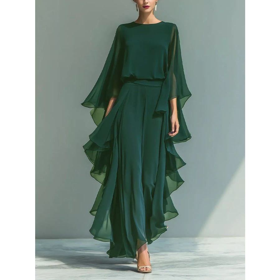 Ruffled Chiffon Long Sleeve Top and Pants Set Green / S Apparel and Accessories