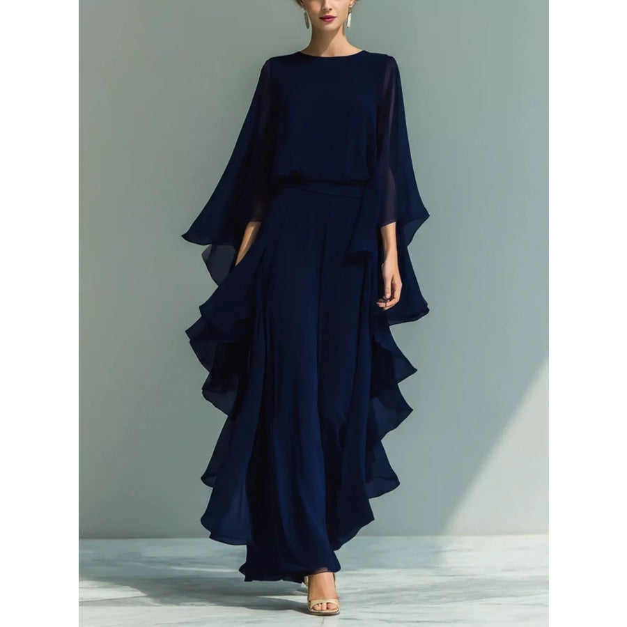 Ruffled Chiffon Long Sleeve Top and Pants Set Navy Blue / S Apparel and Accessories
