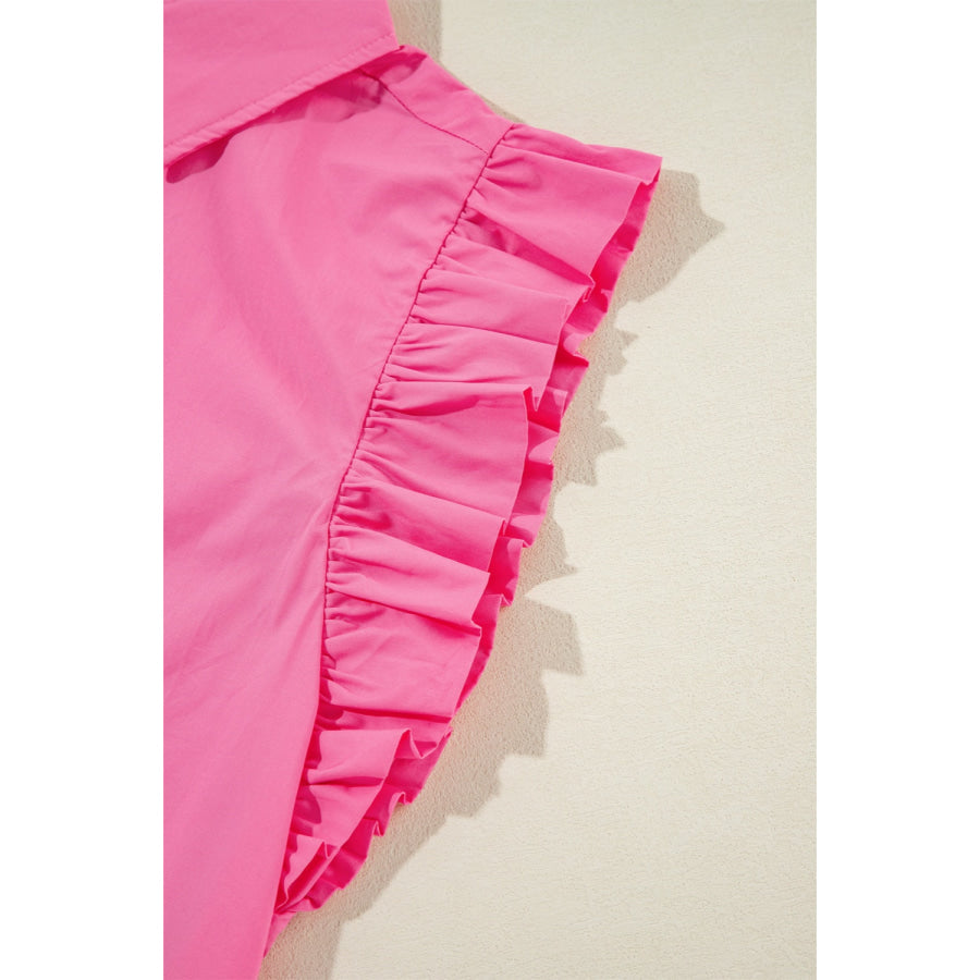 Ruffled Collared Neck Cap Sleeve Shirt Apparel and Accessories