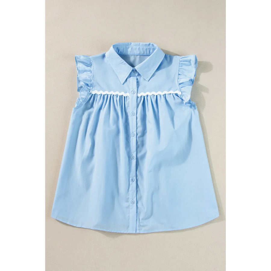 Ruffled Collared Neck Cap Sleeve Shirt Light Blue / S Apparel and Accessories