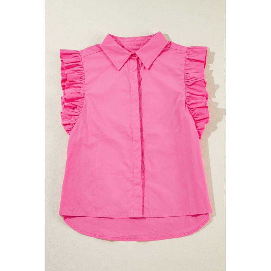 Ruffled Collared Neck Cap Sleeve Shirt Fuchsia Pink / S Apparel and Accessories