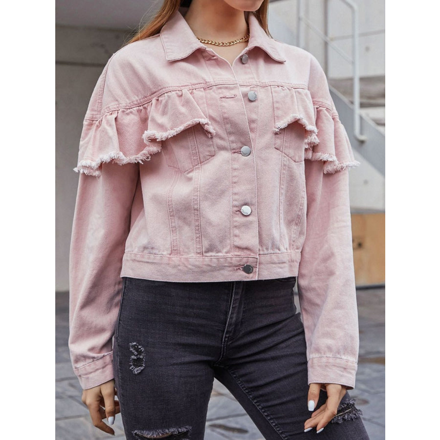 Ruffled Collared Neck Long Sleeve Denim Top Apparel and Accessories