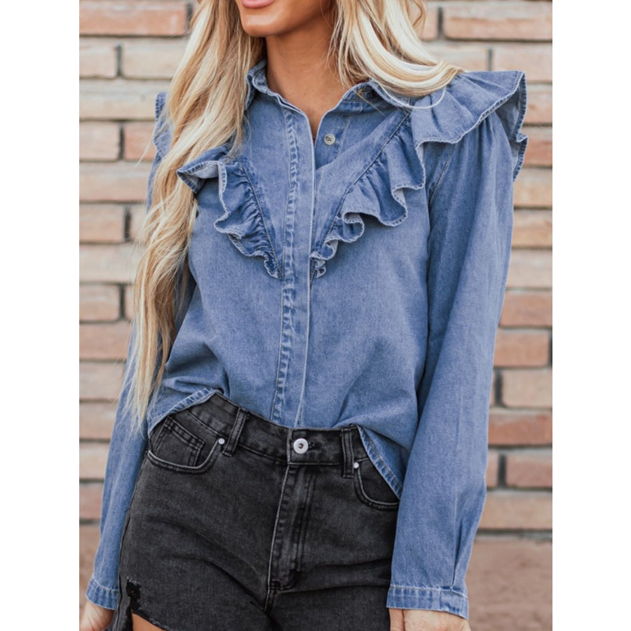 Ruffled Collared Neck Long Sleeve Denim Top Apparel and Accessories