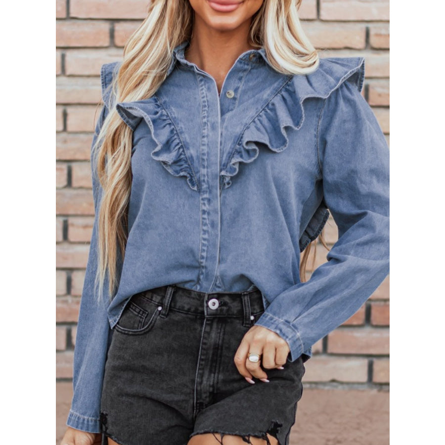 Ruffled Collared Neck Long Sleeve Denim Top Apparel and Accessories