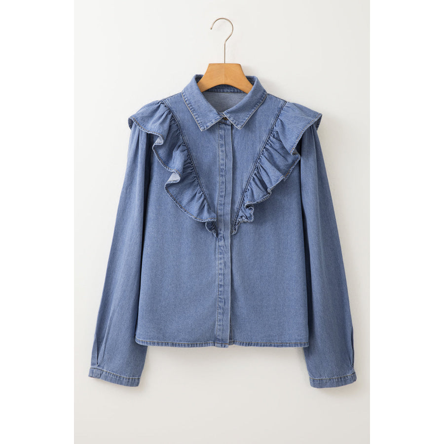 Ruffled Collared Neck Long Sleeve Denim Top Apparel and Accessories