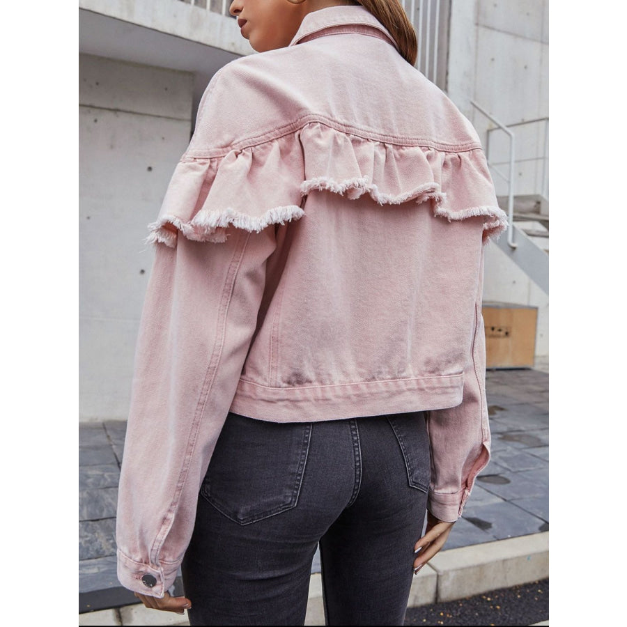 Ruffled Collared Neck Long Sleeve Denim Top Apparel and Accessories