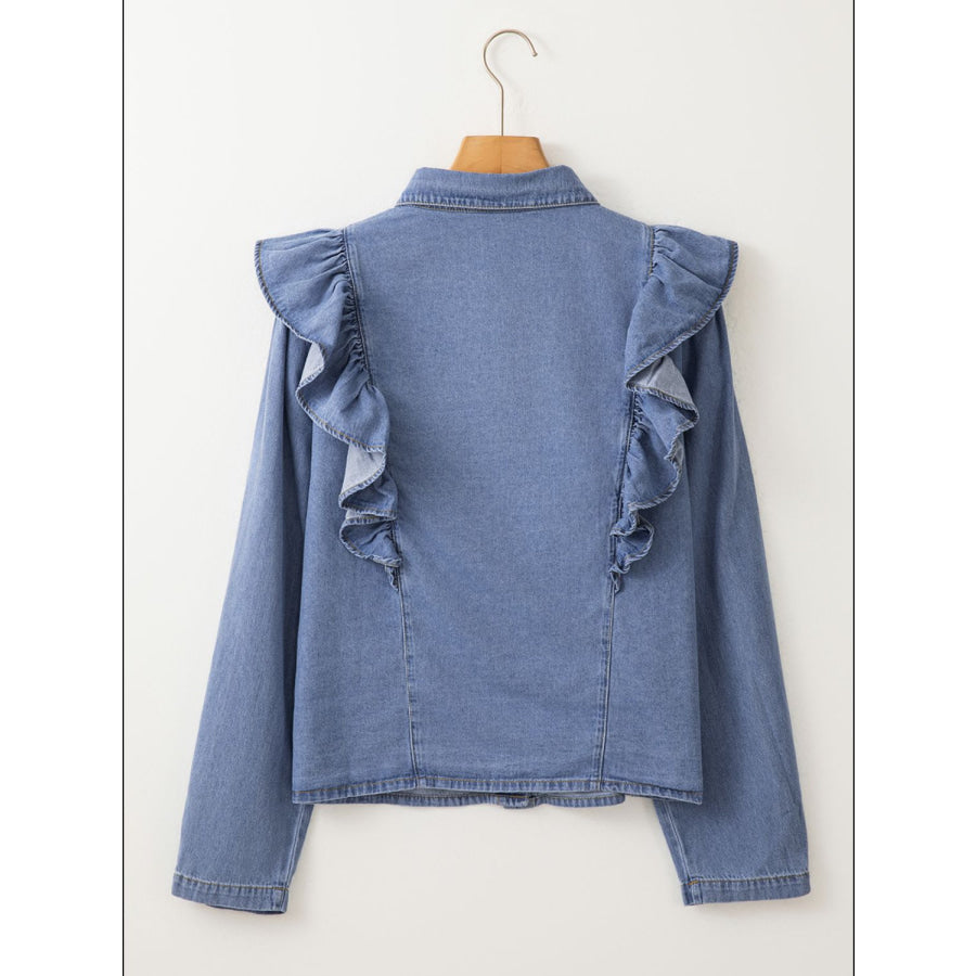 Ruffled Collared Neck Long Sleeve Denim Top Apparel and Accessories