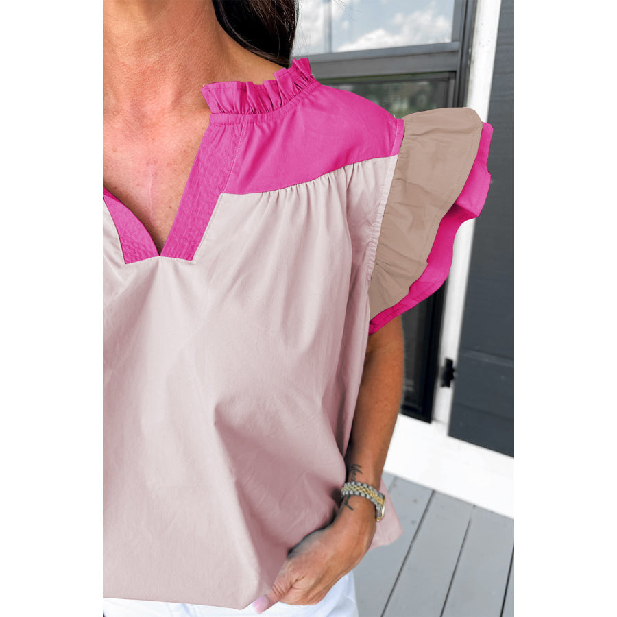 Ruffled Color Block Notched Cap Sleeve Blouse Apparel and Accessories