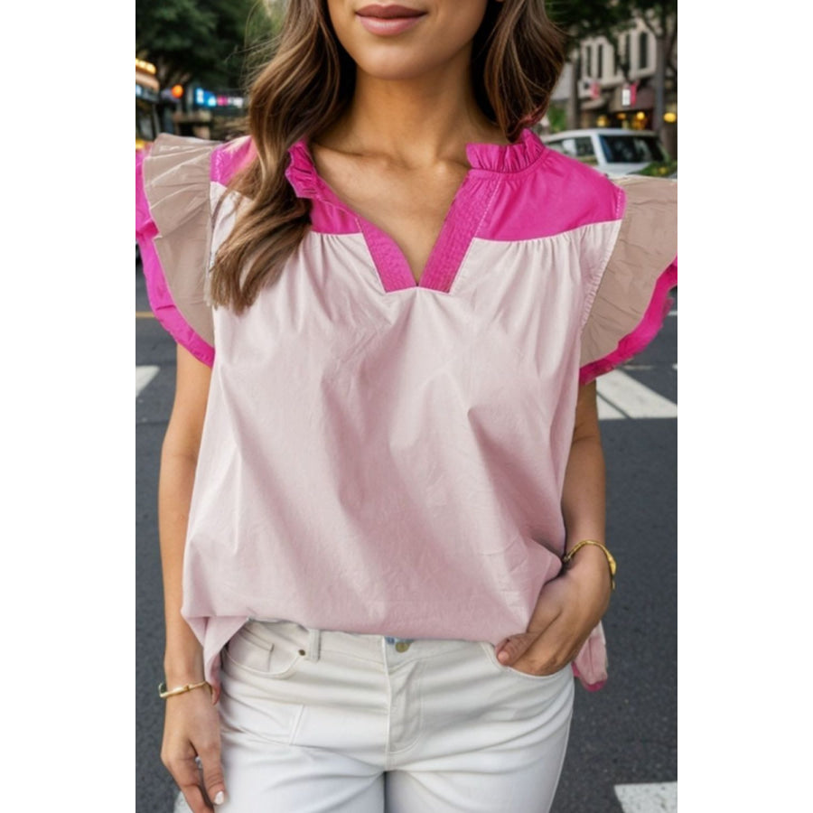 Ruffled Color Block Notched Cap Sleeve Blouse Apparel and Accessories