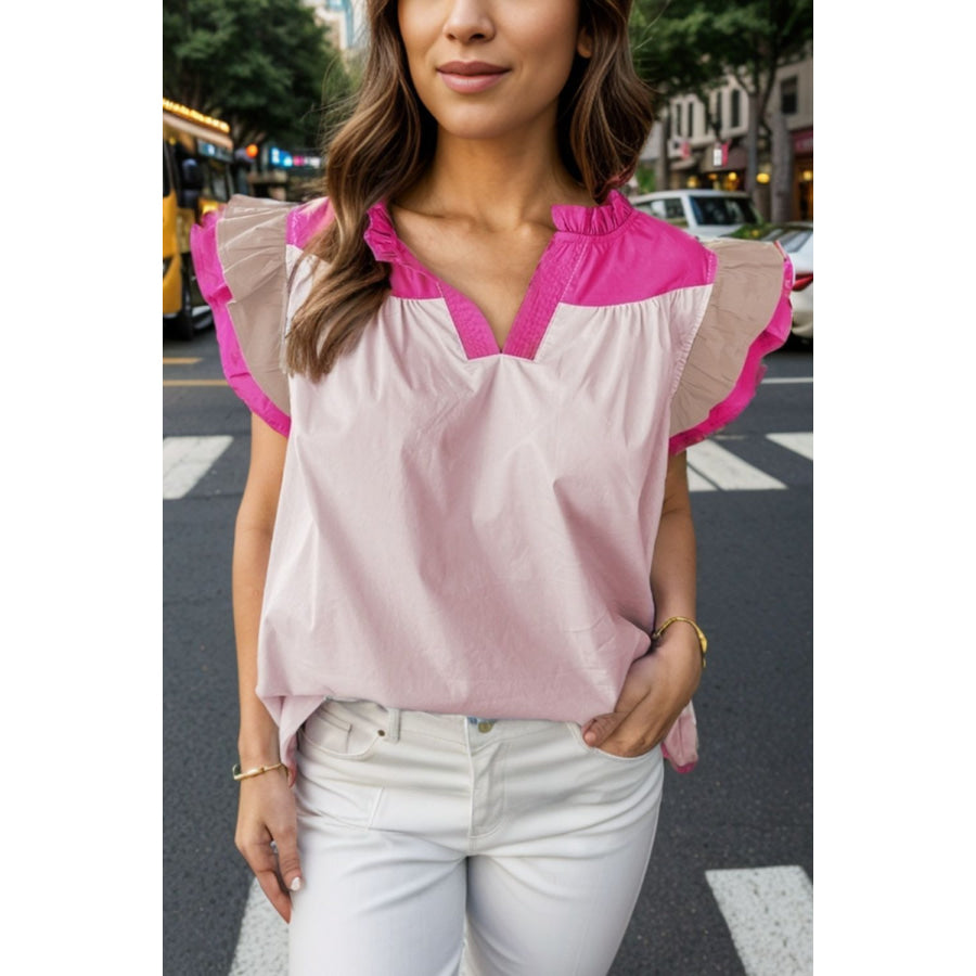 Ruffled Color Block Notched Cap Sleeve Blouse Fuchsia Pink / S Apparel and Accessories