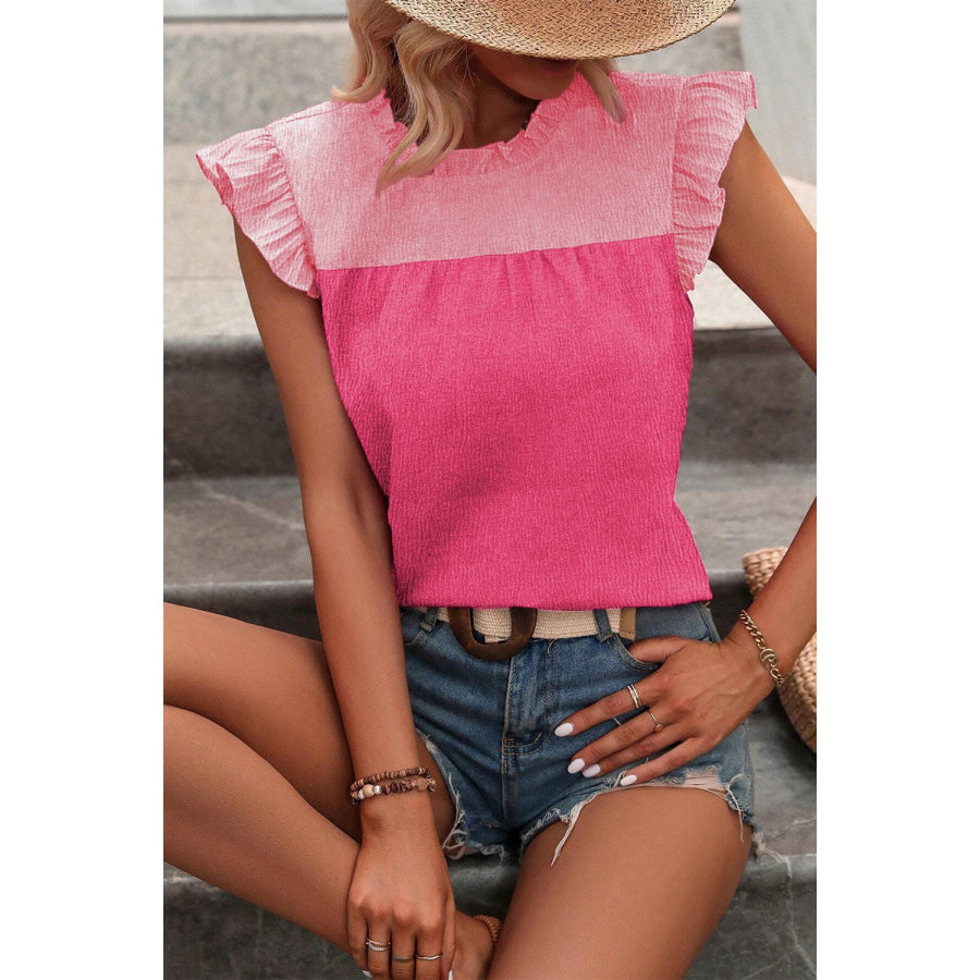 Ruffled Color Block Round Neck Blouse Cerise / S Apparel and Accessories