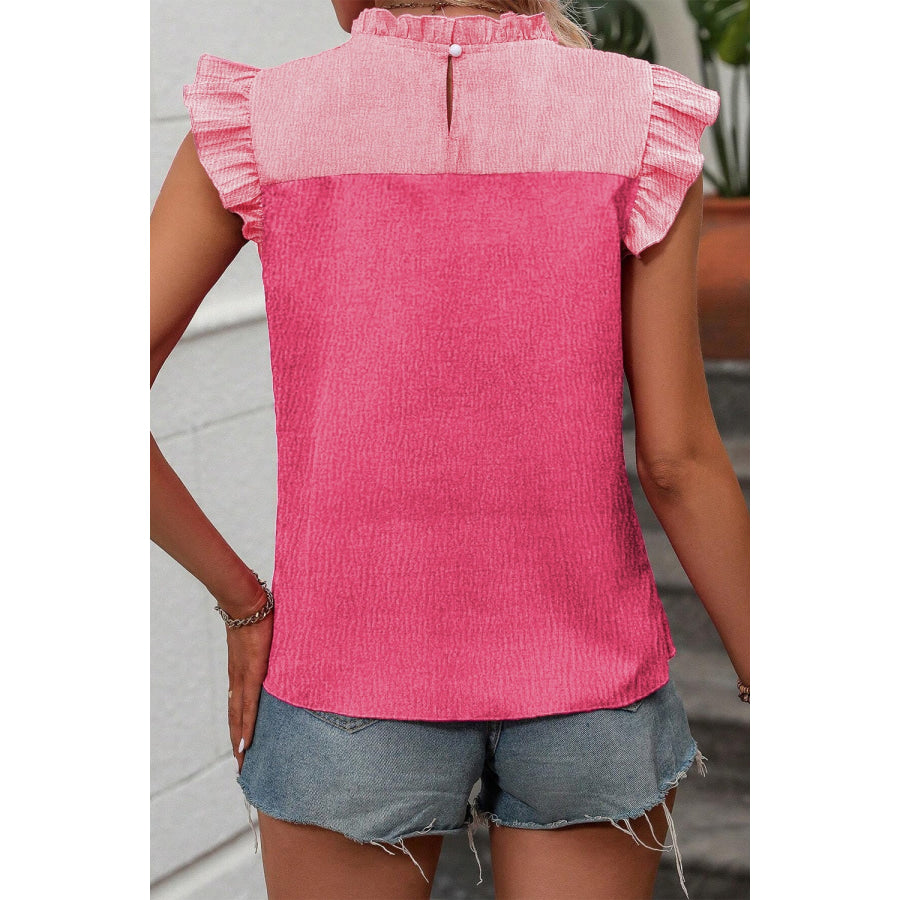 Ruffled Color Block Round Neck Blouse Apparel and Accessories