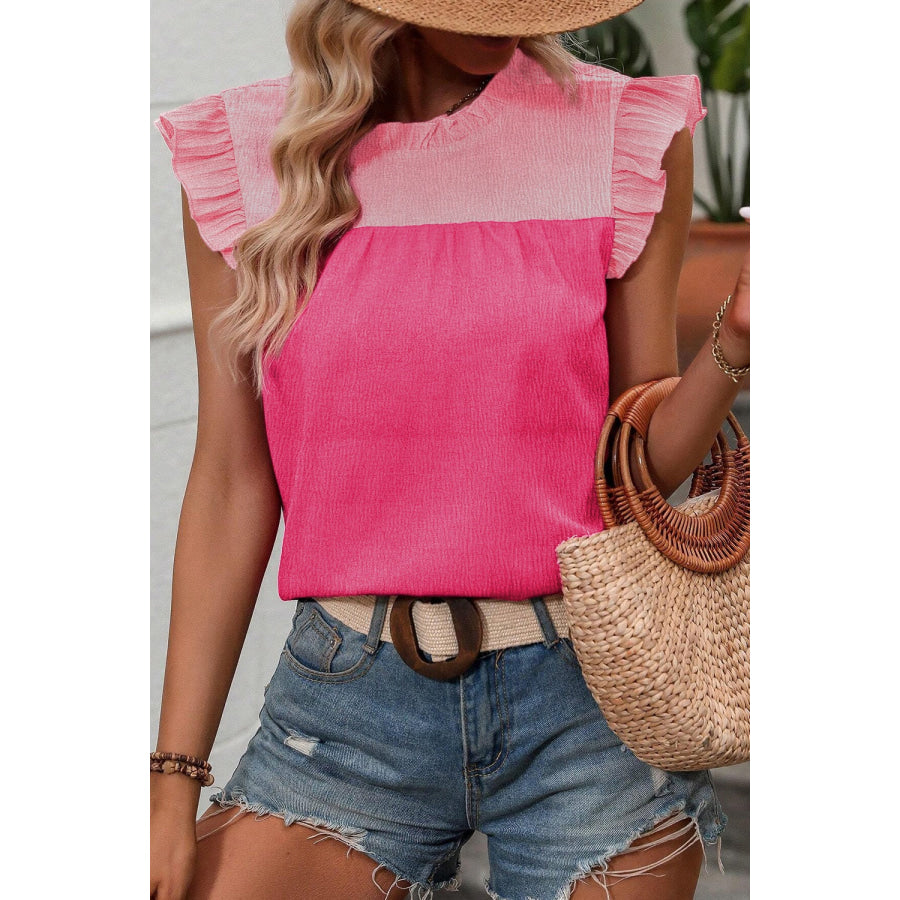 Ruffled Color Block Round Neck Blouse Cerise / S Apparel and Accessories